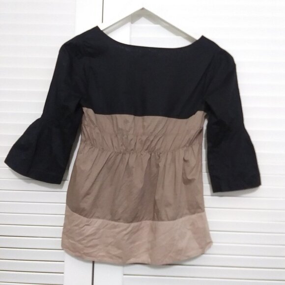 Elle Top Black Tan 100% Cotton Flutter Sleeve Color blocked Blouse Womens X Sm - Picture 5 of 7